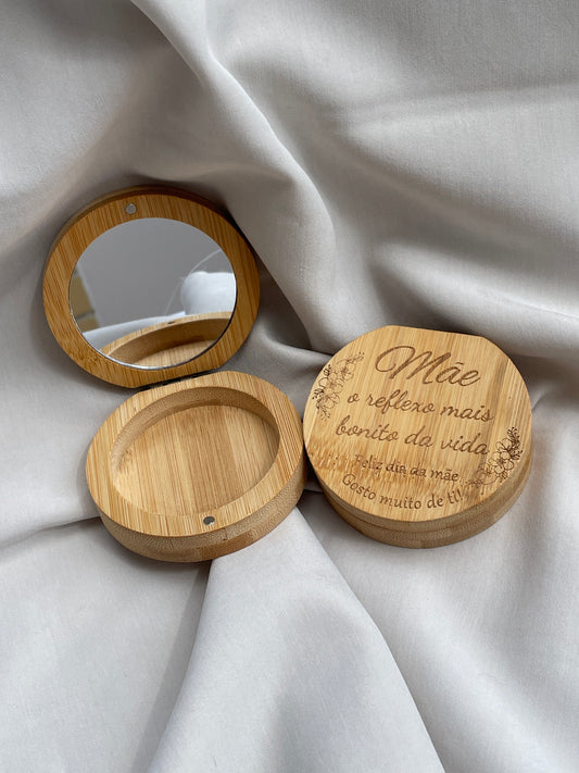 Porta-jóias com espelho com mensagem dia da mãe “Mãe, o reflexo mais bonito da vida”
