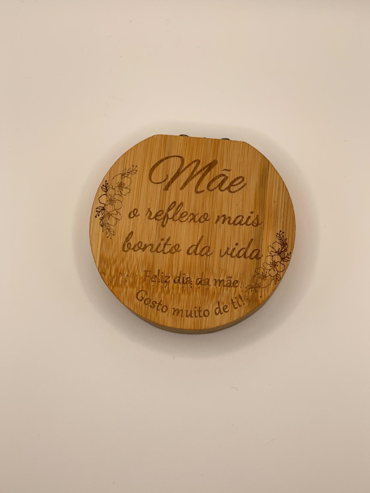 Porta-jóias com espelho com mensagem dia da mãe “Mãe, o reflexo mais bonito da vida”