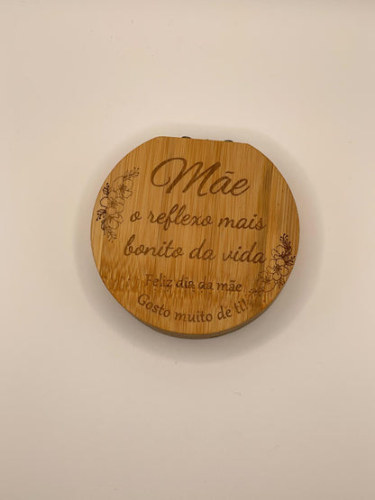 Porta-jóias com espelho com mensagem dia da mãe “Mãe, o reflexo mais bonito da vida”